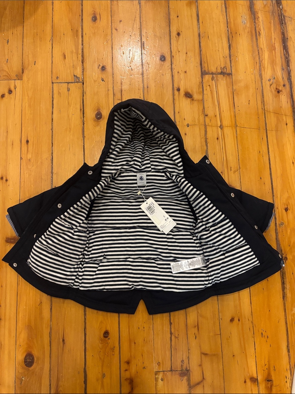 NWT Petit Bateau Navy Hooded Jacket with Cream and Navy Striped Lining - Picture 4 of 5
